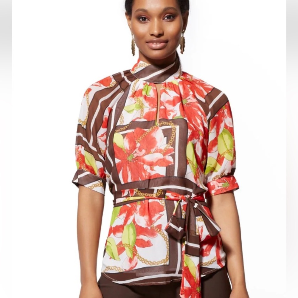 New York & Co. 7th Ave Design Studio Puff Sleeve Stargazer Lily Print Blouse Lg